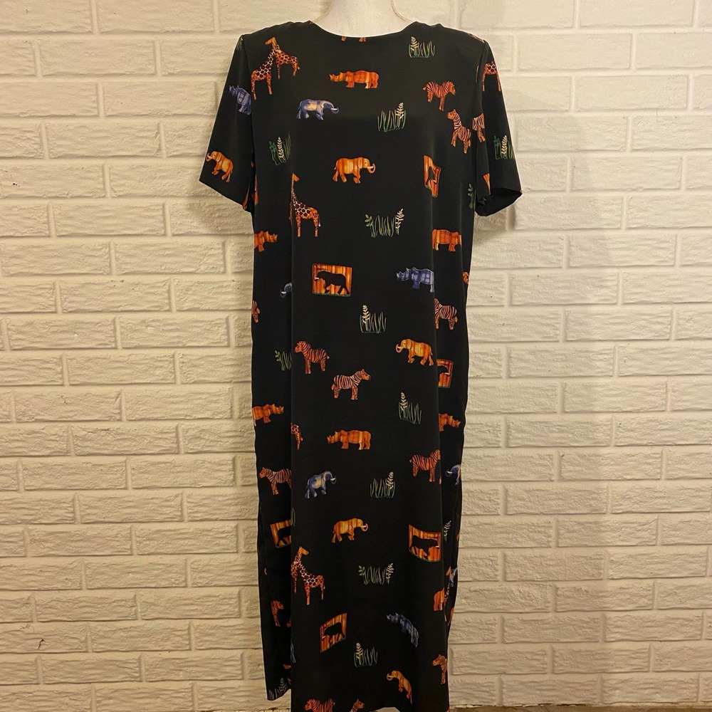 Vintage Black Maxi Dress with Animal Print